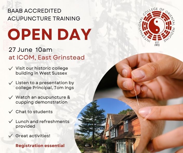 Picture of a hand inserting acupuncture needle, alongside a picture of the college building and some text about our open day on 27 June.