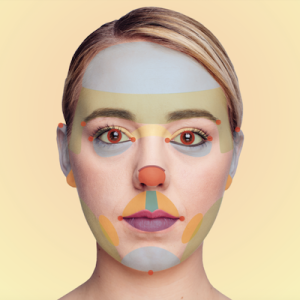 A female white face with areas relevant to Chinese Facial Diagnosis marked on it