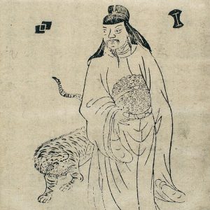 A classical chinese line drawing on aged paper depicting Sun Simiao