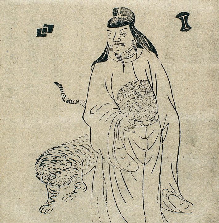 A classical chinese line drawing on aged paper depicting Sun Simiao